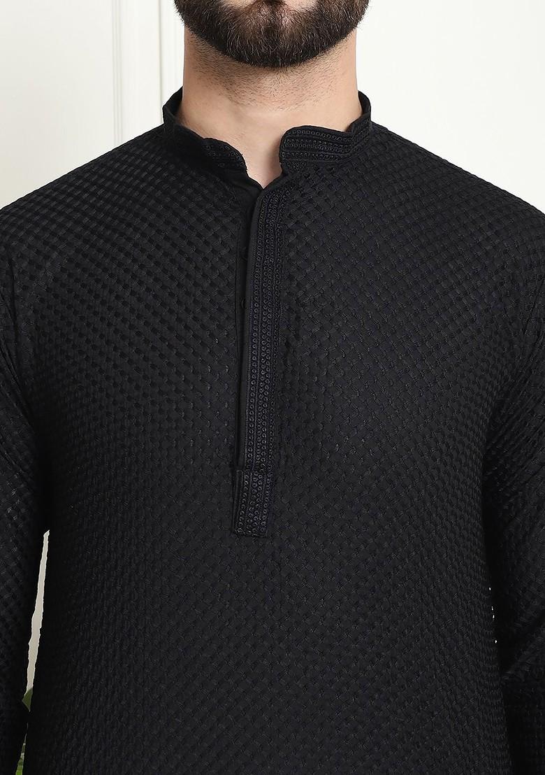 Black Embroidered Cotton Kurta For Men
