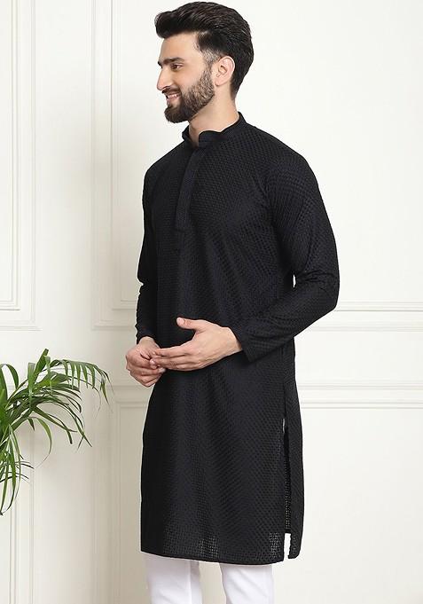 Black Embroidered Cotton Kurta For Men
