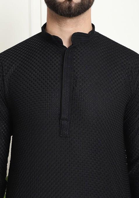 Black Embroidered Cotton Kurta For Men