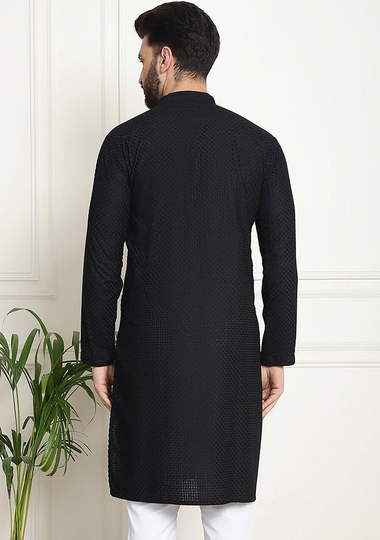 Black Thread Work Cotton Kurta For Men