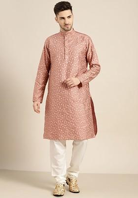 Coral Pink Floral Print Poly Blend Kurta For Men