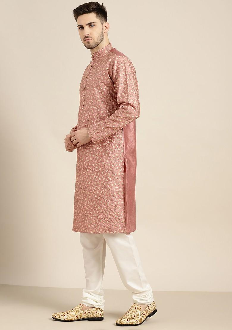 Coral Pink Floral Print Poly Blend Kurta For Men