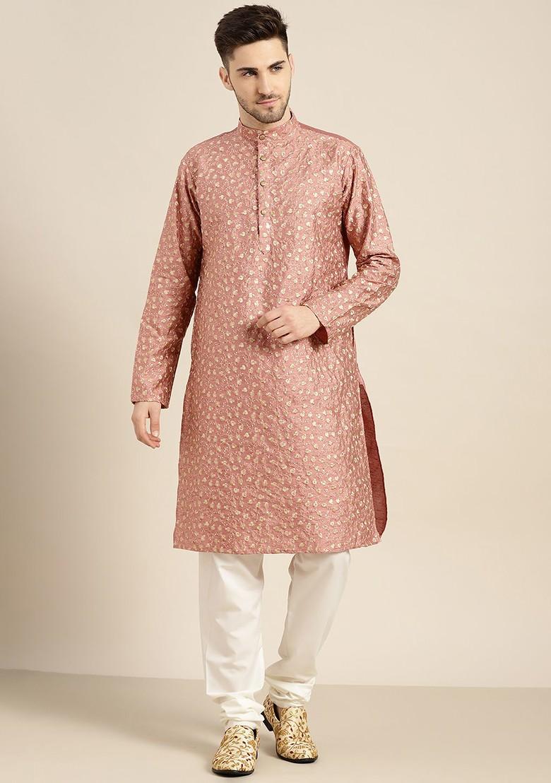 Coral Pink Floral Print Poly Blend Kurta For Men