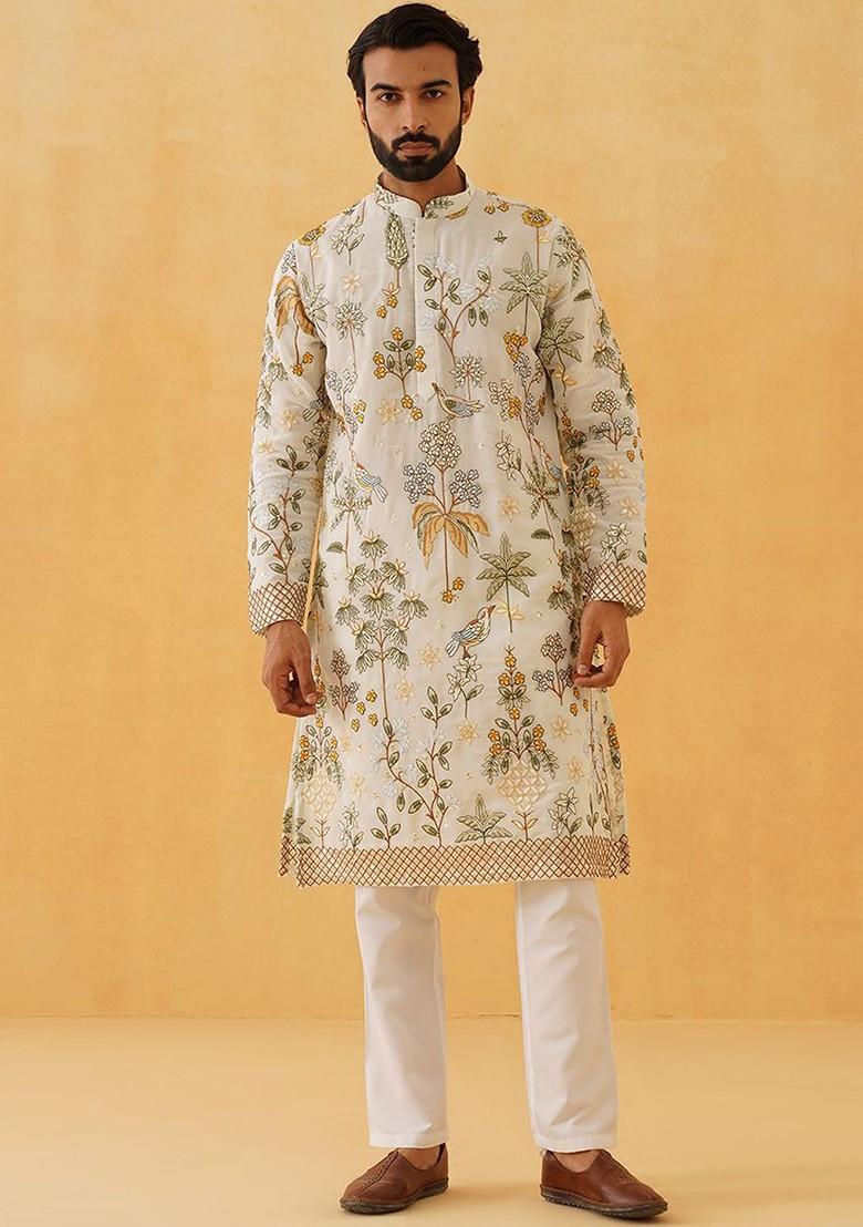 Cream Thread Work Poly Blend Kurta For Men