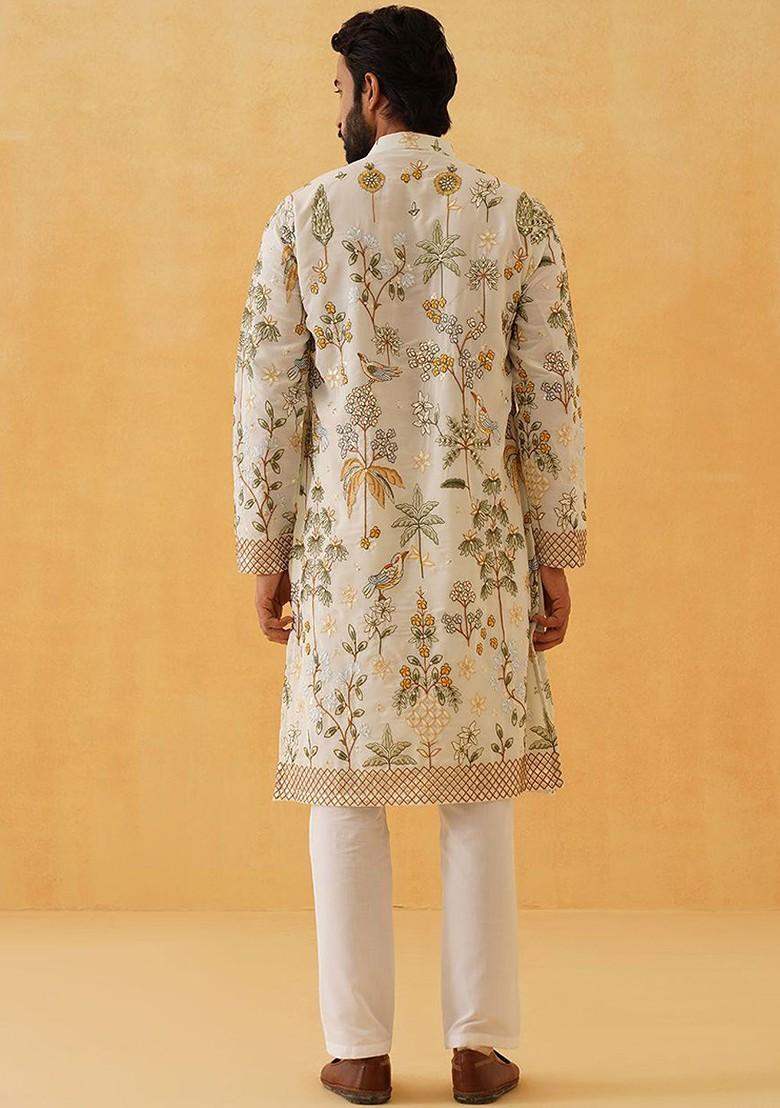 Cream Thread Work Poly Blend Kurta For Men