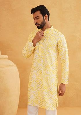 Yellow Thread Work Cotton Kurta For Men