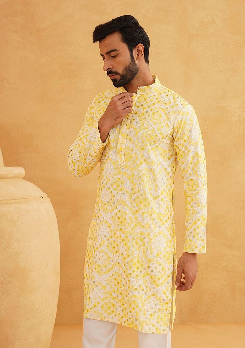 Yellow Thread Work Cotton Kurta For Men