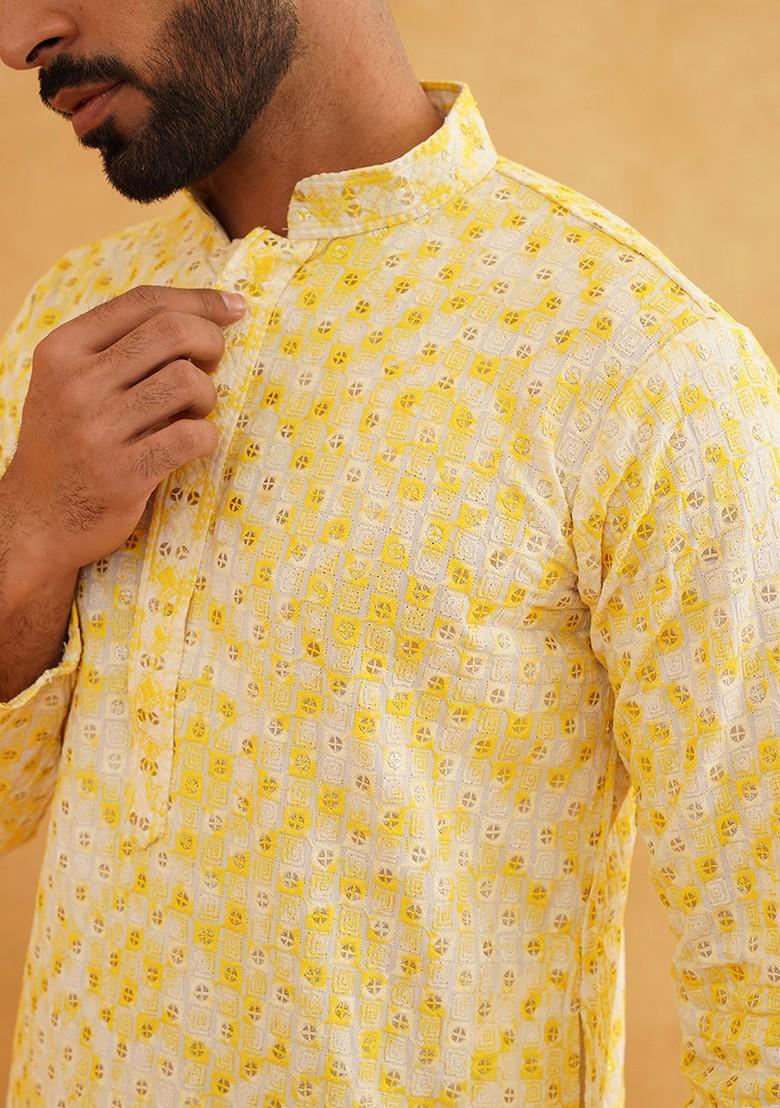 Yellow Thread Work Cotton Kurta For Men