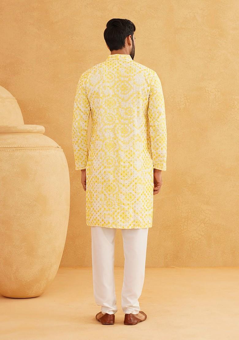 Yellow Thread Work Cotton Kurta For Men