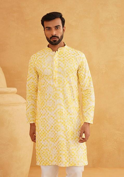Yellow Thread Work Cotton Kurta For Men