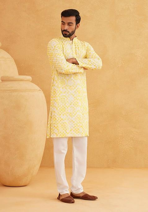 Yellow Thread Work Cotton Kurta For Men