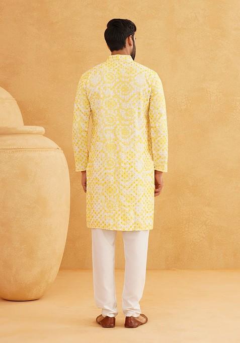 Yellow Thread Work Cotton Kurta For Men