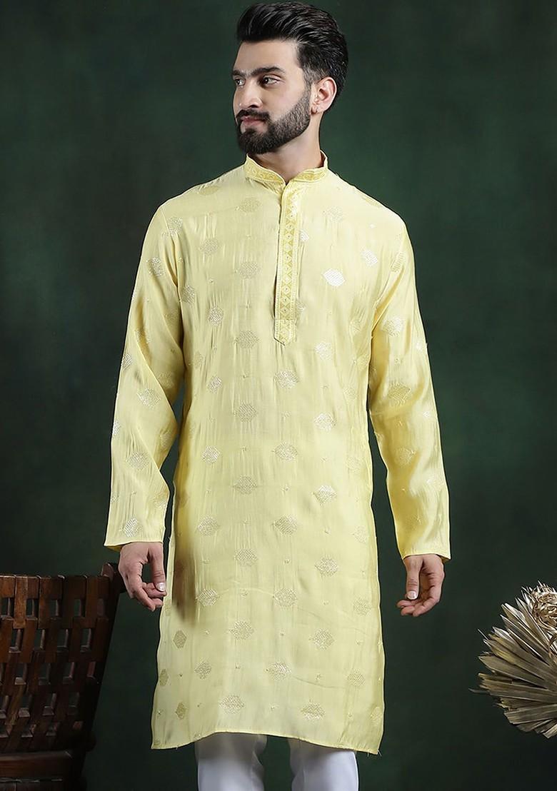 Yellow Embroidered Poly Blend Kurta For Men
