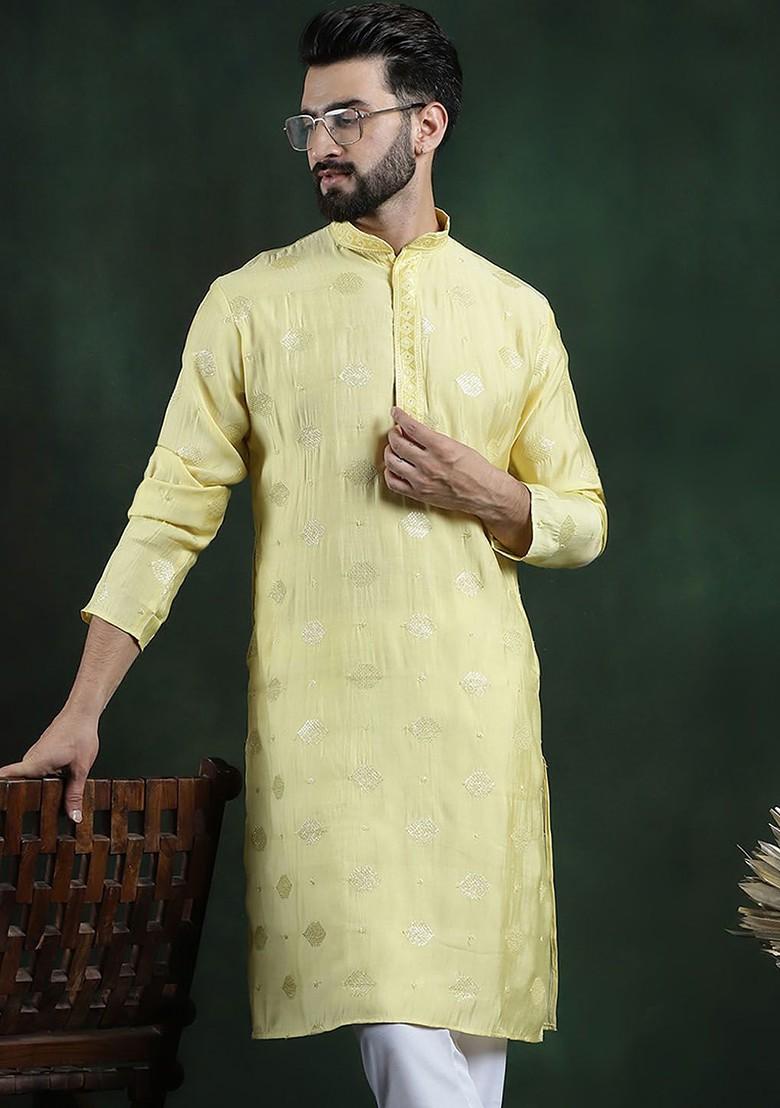 Yellow Embroidered Poly Blend Kurta For Men