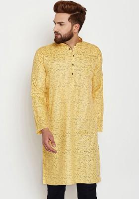 Yellow Printed Poly Blend Kurta For Men