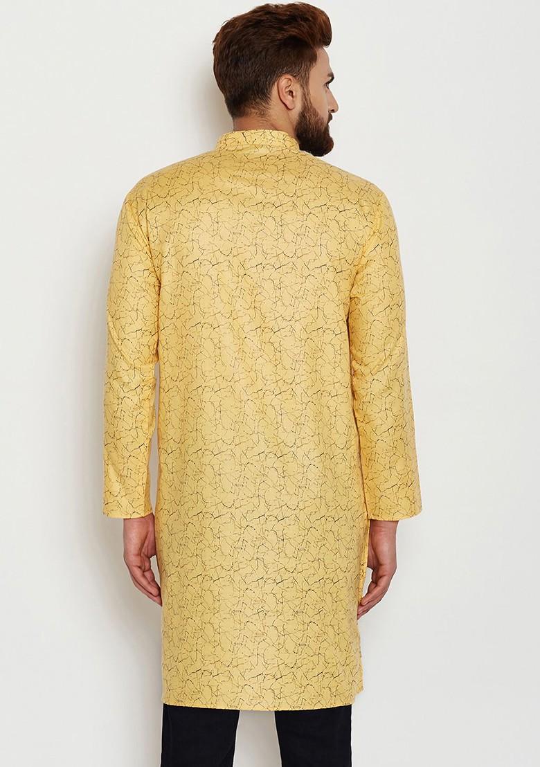 Yellow Printed Poly Blend Kurta For Men