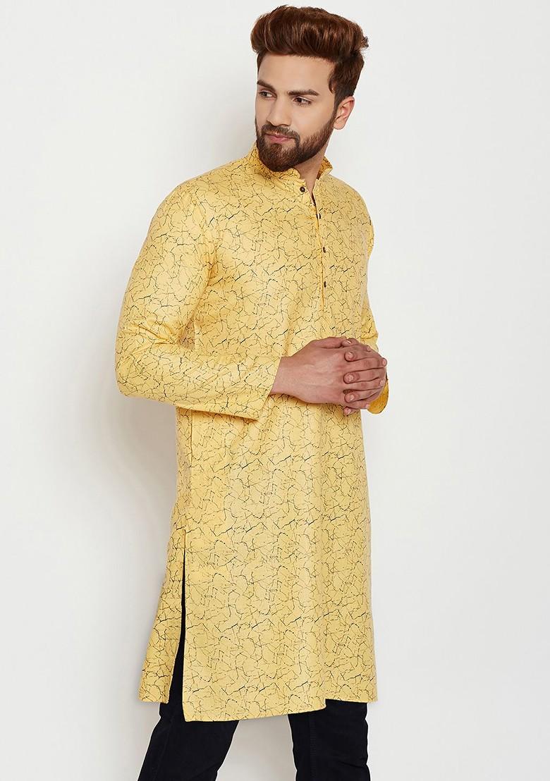 Yellow Printed Poly Blend Kurta For Men
