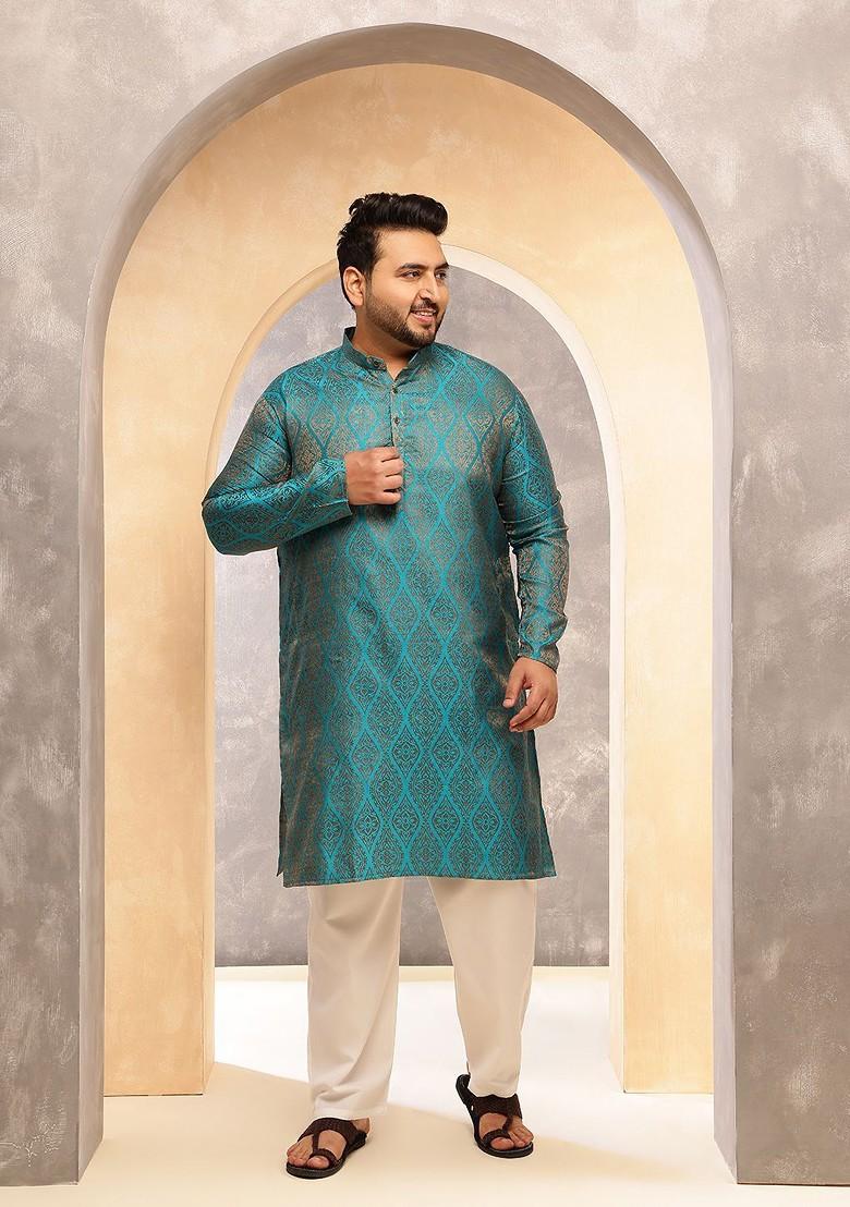 Teal Blue Woven Silk Kurta For Men