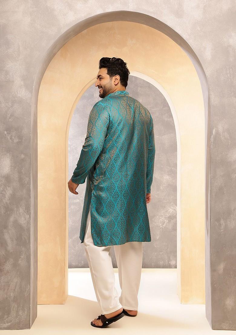 Teal Blue Woven Silk Kurta For Men