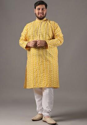 Yellow Thread Work Poly Blend Kurta For Men