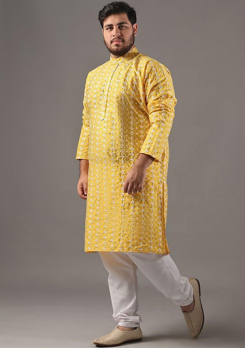 Yellow Thread Work Poly Blend Kurta For Men
