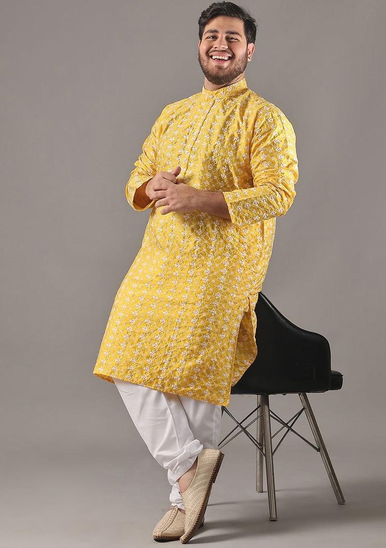 Yellow Thread Work Poly Blend Kurta For Men