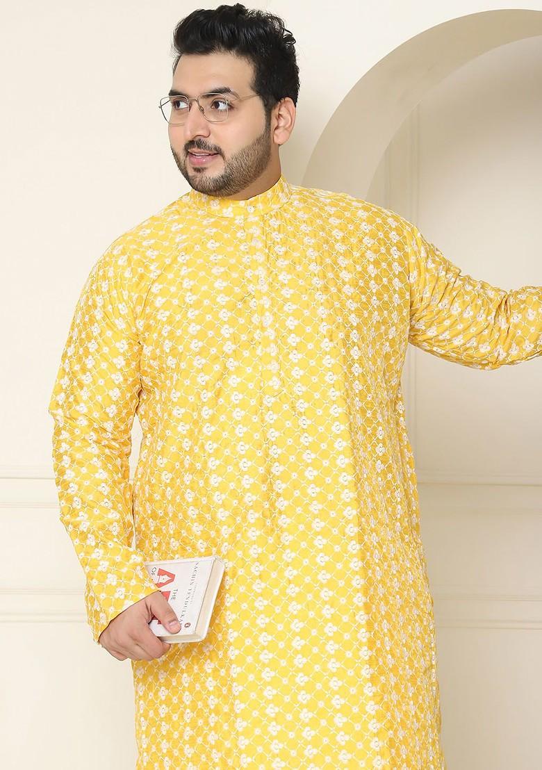 Yellow Thread Work Poly Blend Kurta For Men