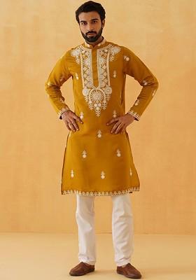 Mustard Thread Work Poly Blend Kurta For Men