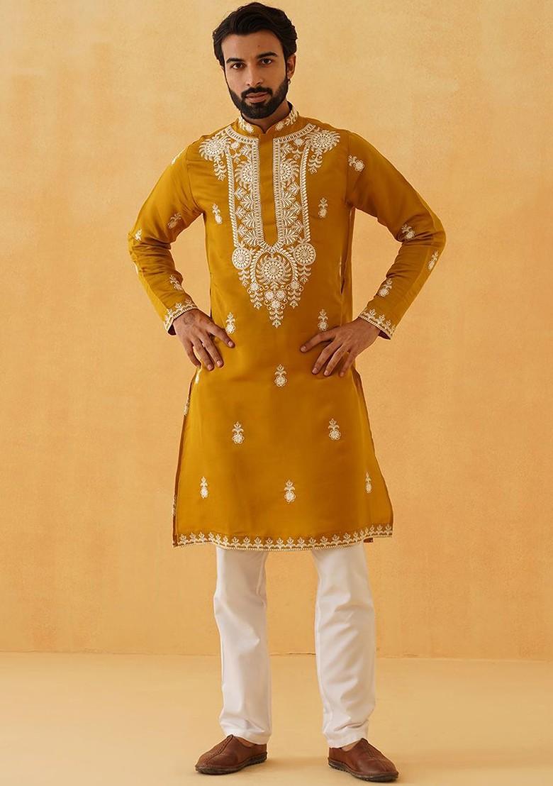 Mustard Thread Work Poly Blend Kurta For Men