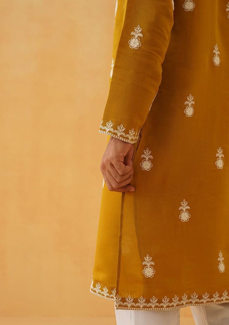 Mustard Thread Work Poly Blend Kurta For Men