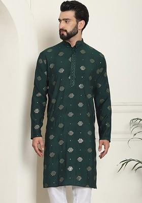 Green Thread Work Cotton Kurta For Men