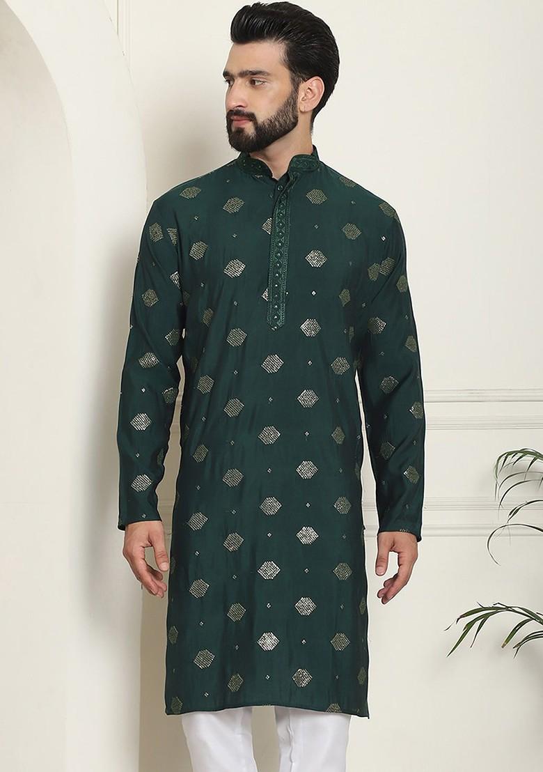 Green Thread Work Cotton Kurta For Men