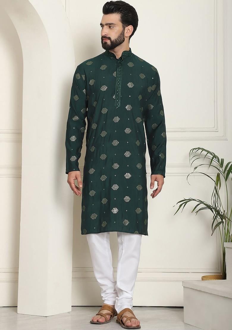 Green Thread Work Cotton Kurta For Men
