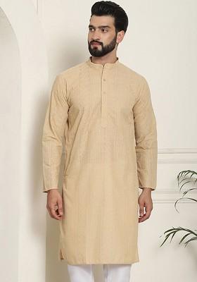 Beige Thread Work Cotton Kurta For Men