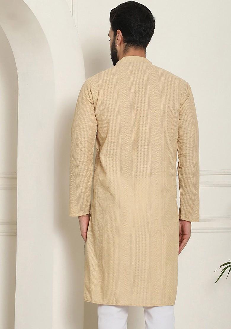Beige Thread Work Cotton Kurta For Men