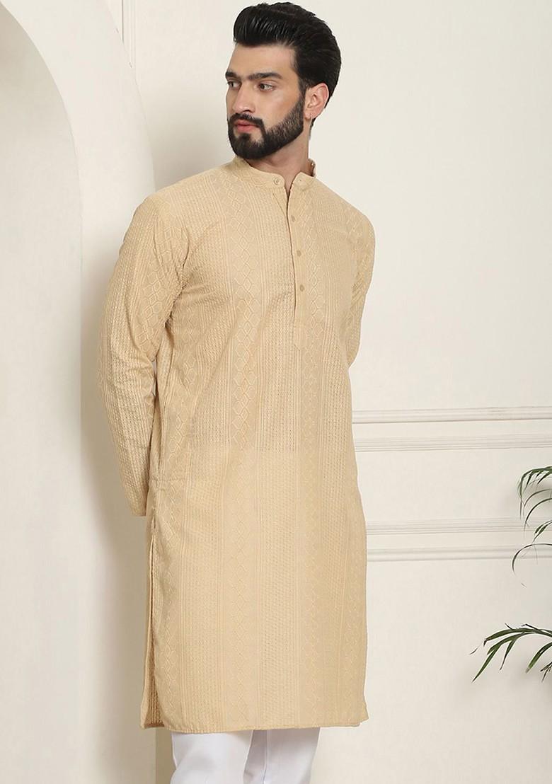 Beige Thread Work Cotton Kurta For Men