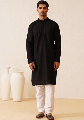 Black Thread Work Cotton Kurta For Men