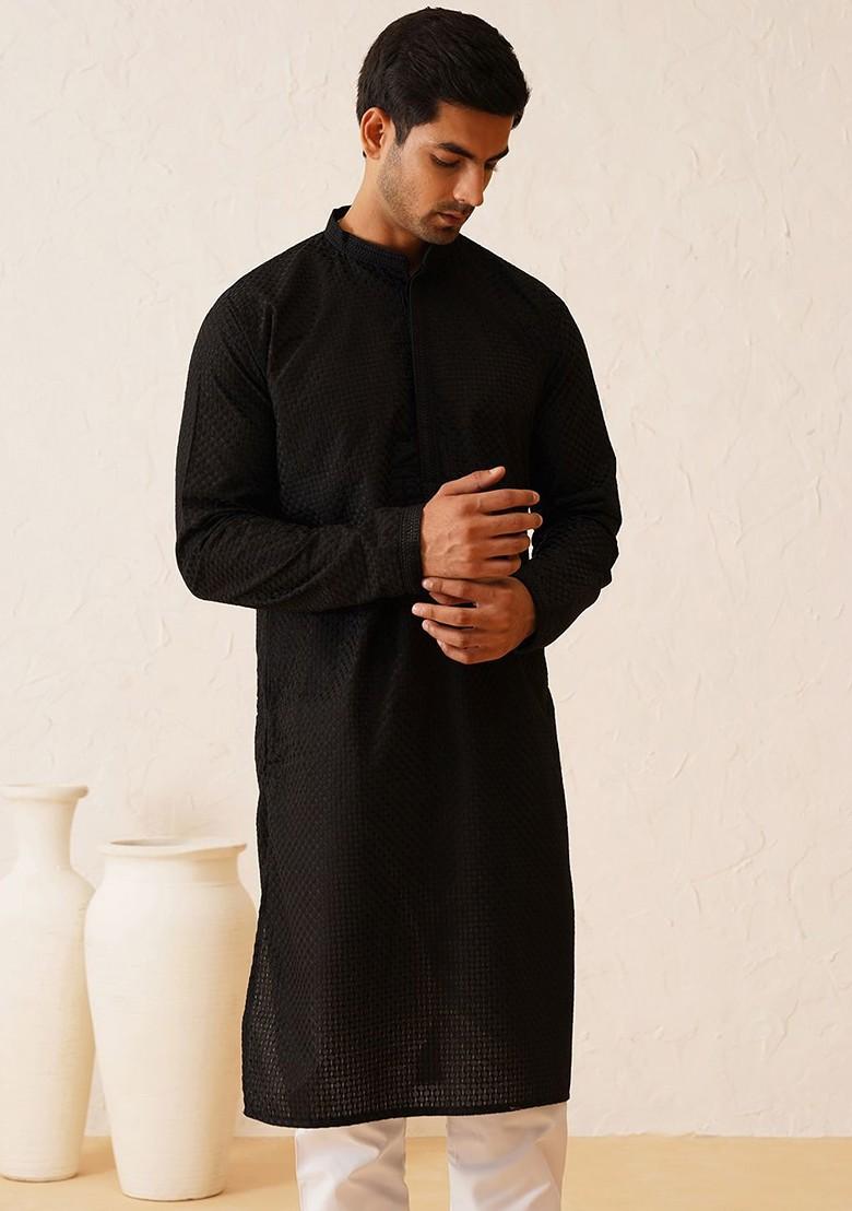 Black Thread Work Cotton Kurta For Men