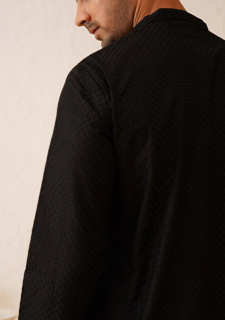 Black Thread Work Cotton Kurta For Men