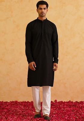 Black Thread Work Cotton Kurta For Men