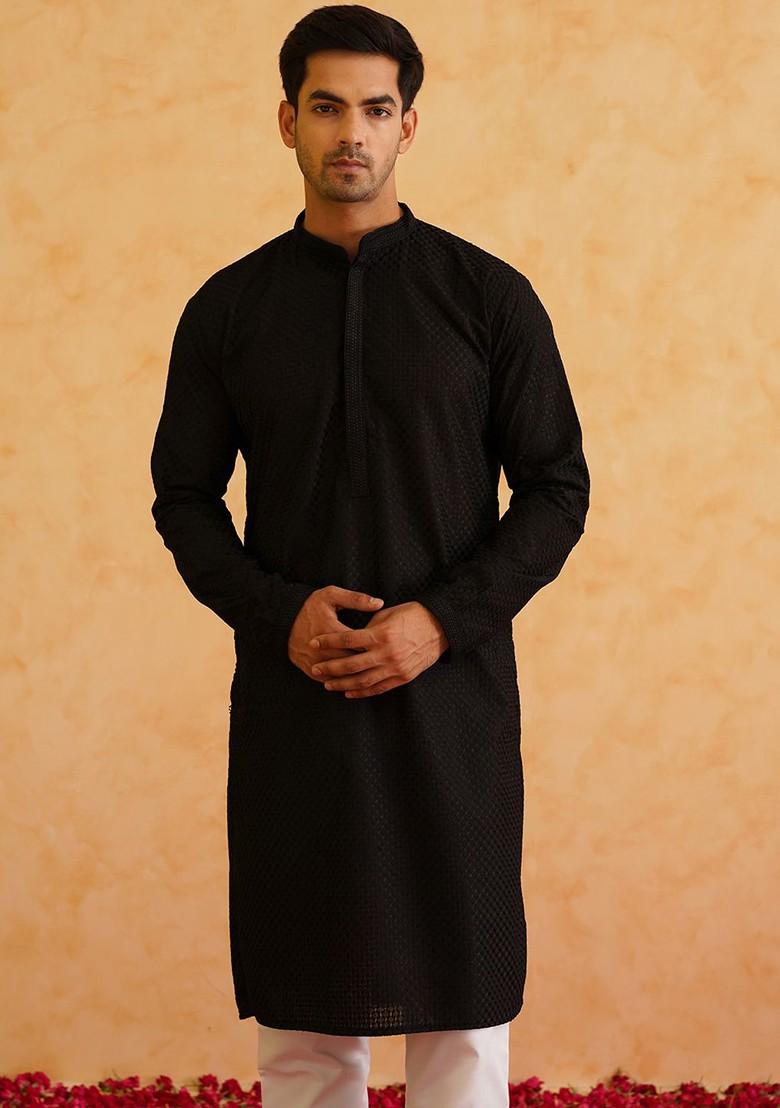 Black Thread Work Cotton Kurta For Men