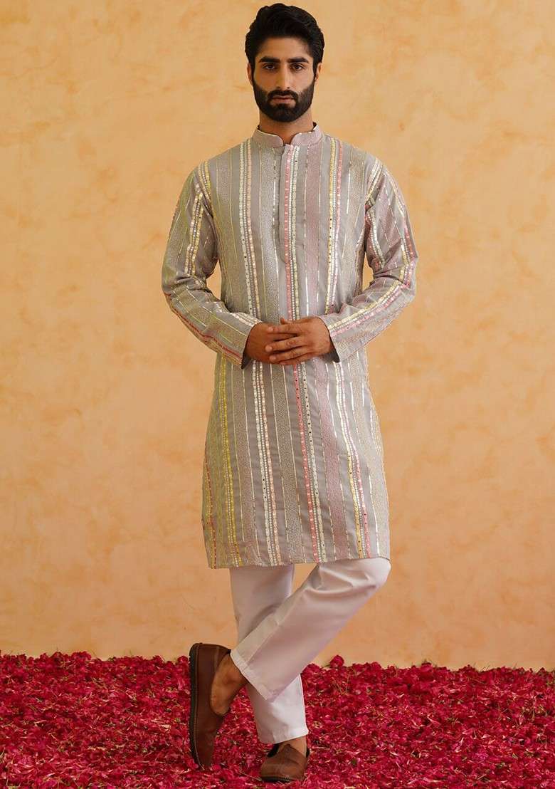 Grey Embroidered Cotton Kurta For Men - Indya