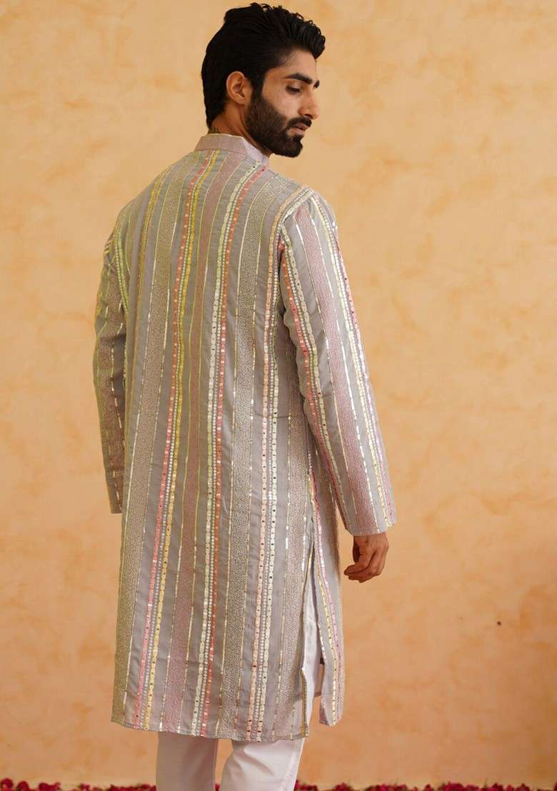 Grey Embroidered Cotton Kurta For Men - Indya