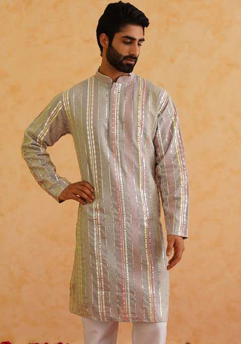 Grey Embroidered Cotton Kurta For Men