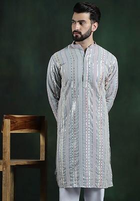 Grey Striped Poly Blend Kurta For Men