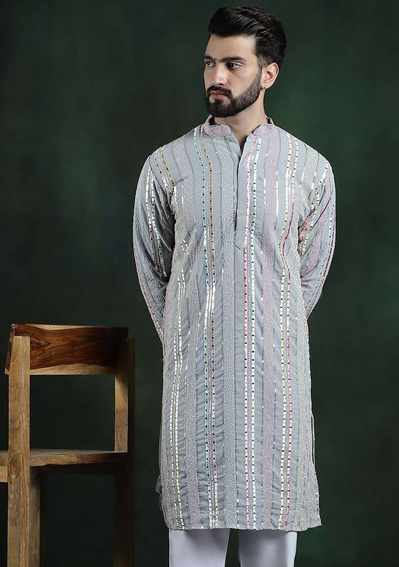 Grey Striped Poly Blend Kurta For Men - Indya