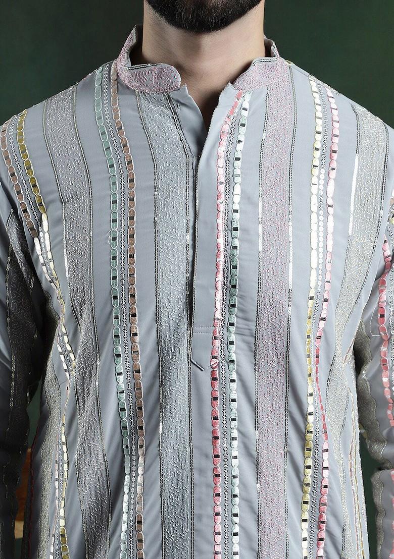 Grey Striped Poly Blend Kurta For Men