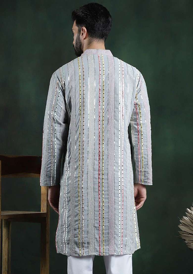 Grey Striped Poly Blend Kurta For Men - Indya