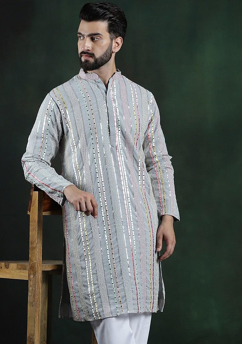 Grey Striped Poly Blend Kurta For Men