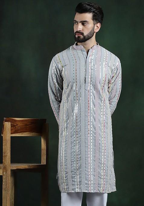 Grey Striped Poly Blend Kurta For Men